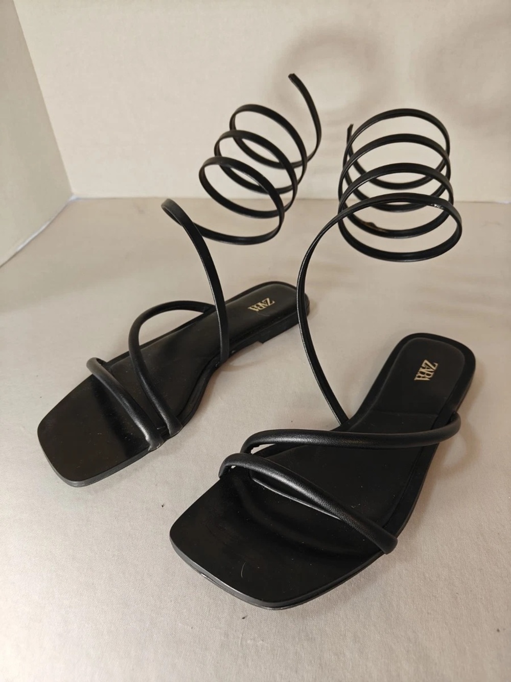 Zara Black Spiral Lace-Up Square-Toe Flat Sandals
